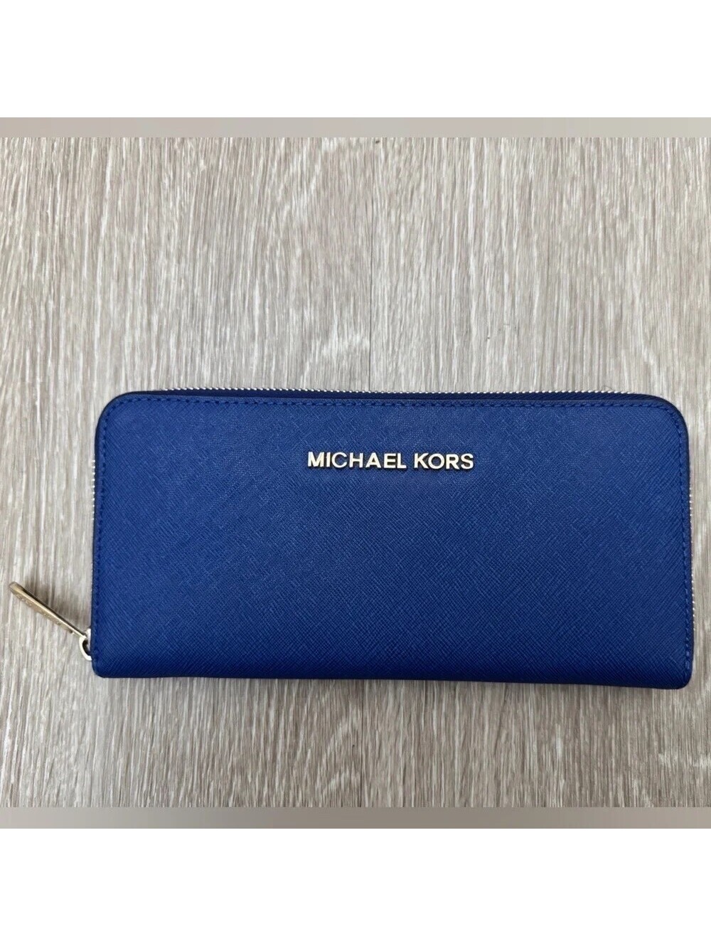 Michael Kors Blue Saffiano Leather Zip Around Continental Wallet Gold Logo
